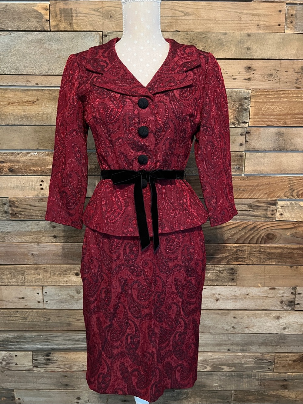Maggy London Red Paisley Peplum Dress Set with Black Velvet Belt